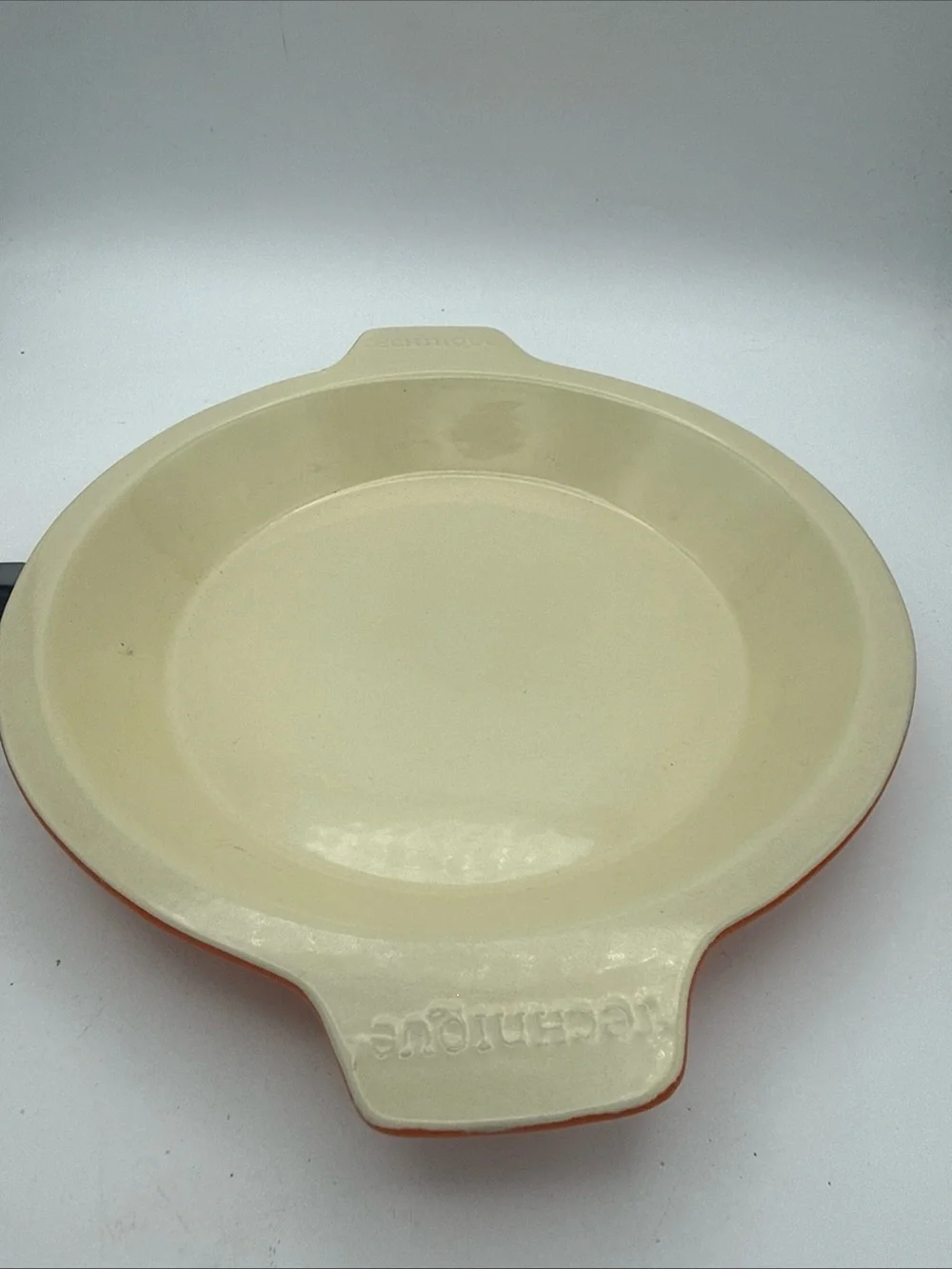 VTG QVC Technique Ceramic Orange/ Cream 10” Pie Plate w/ First One Out Lifter